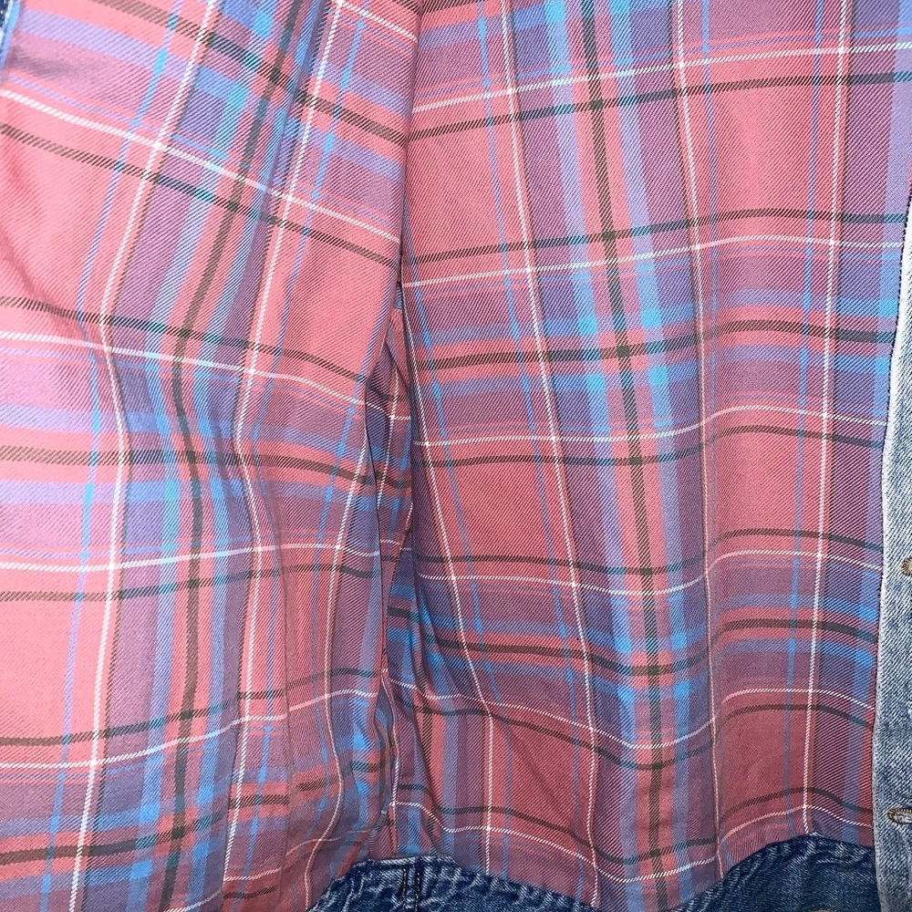 Free People Plaid Lined Denim Sherpa Collar Trucker Oversized Jacket Medium - Picture 8 of 9